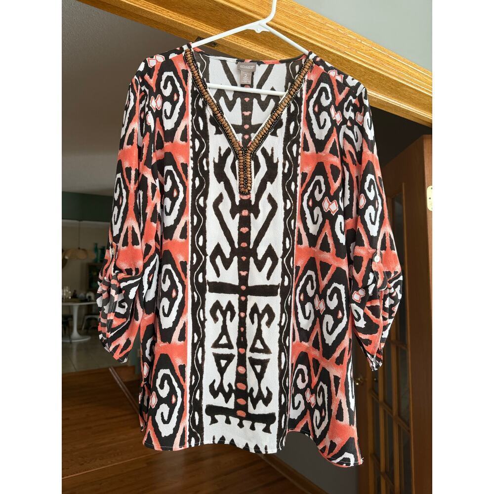 Chico’s sheer patterned blouse wood bead v neck 2